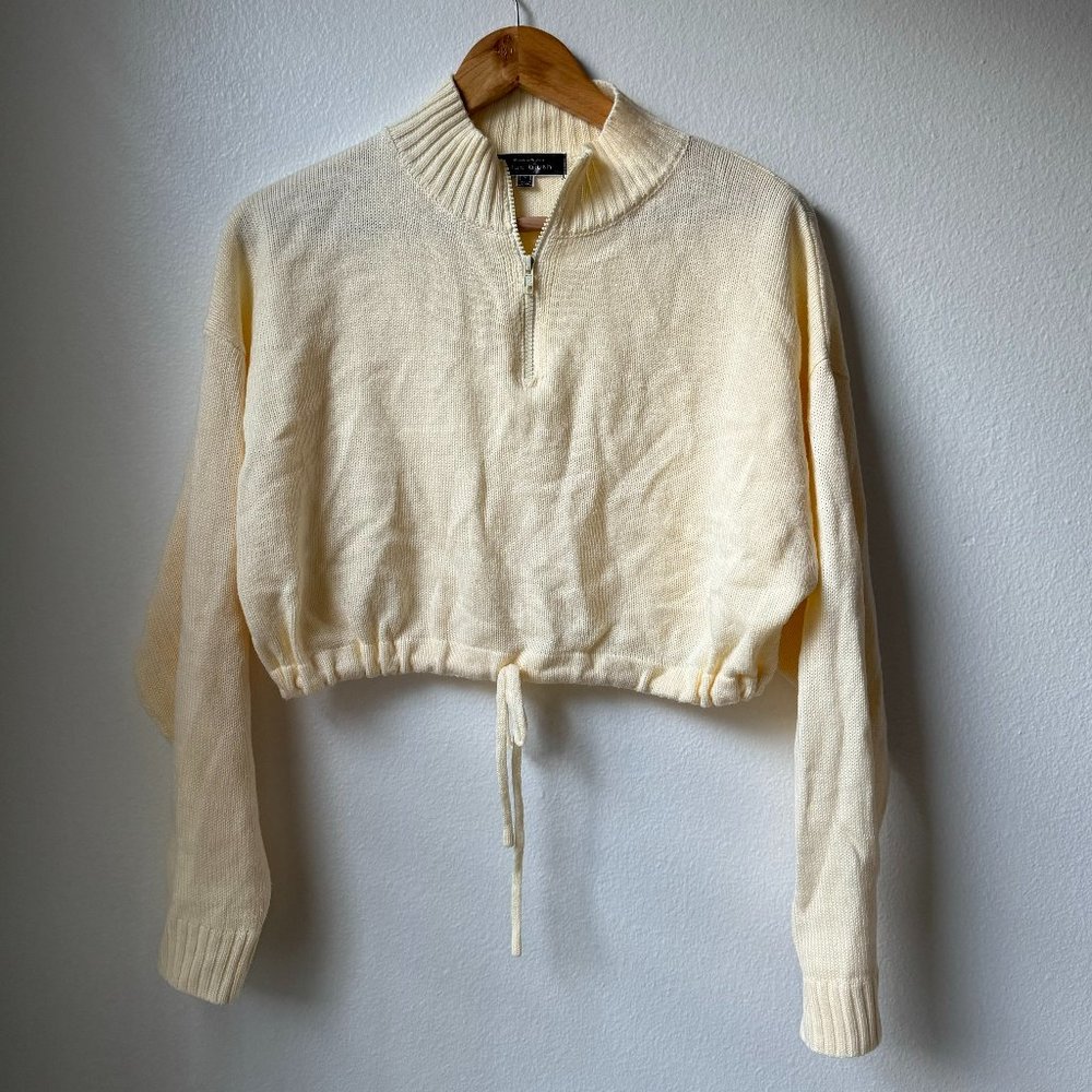 Soft Yellow Knit Quarter Zip Sweater with Drawstring Waist